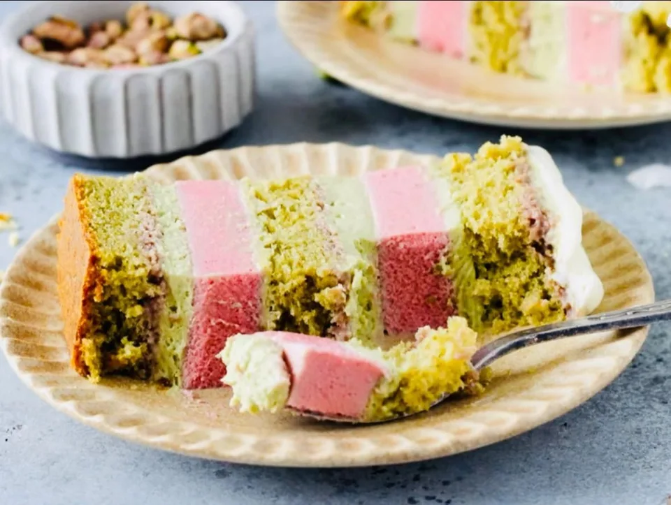 Colorful layers, sliced and ready to share