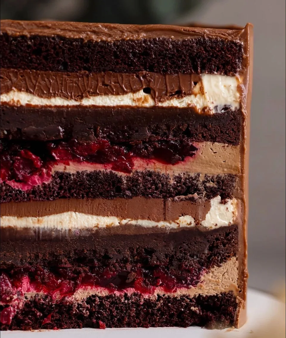 Chocolate cake layers with dark fruit filling