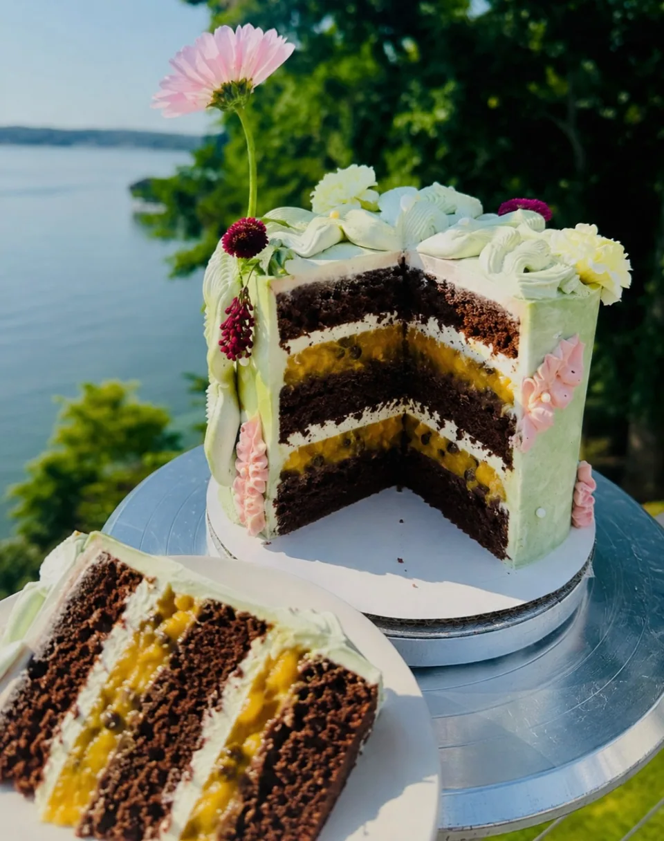 A sliced chocolate and passion fruit cake